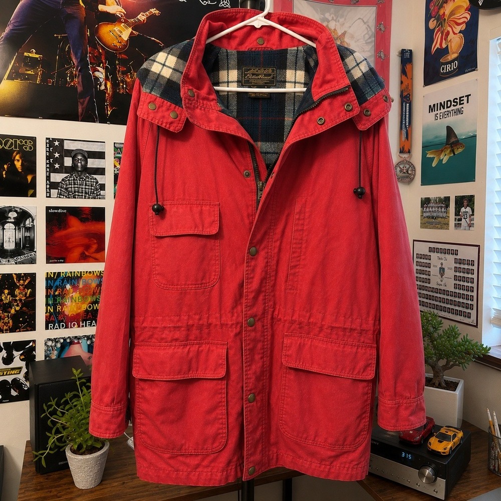 Eddie Bauer Mountain Parka Jacket Large Red Vintage Plaid Lined Hooded L Hiking